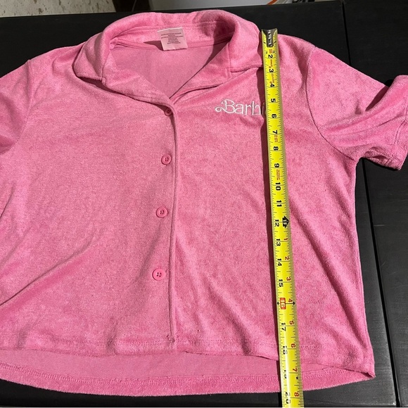 Barbie Terry Cloth Button Down Shirt Short Sleeve Lounge Pink Womens Medium - Picture 6 of 6